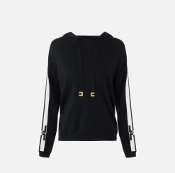 Elisabetta Franchi Knitwear And Sweatshirts|Viscose sweatshirt with hood and logo bands Black/Butter