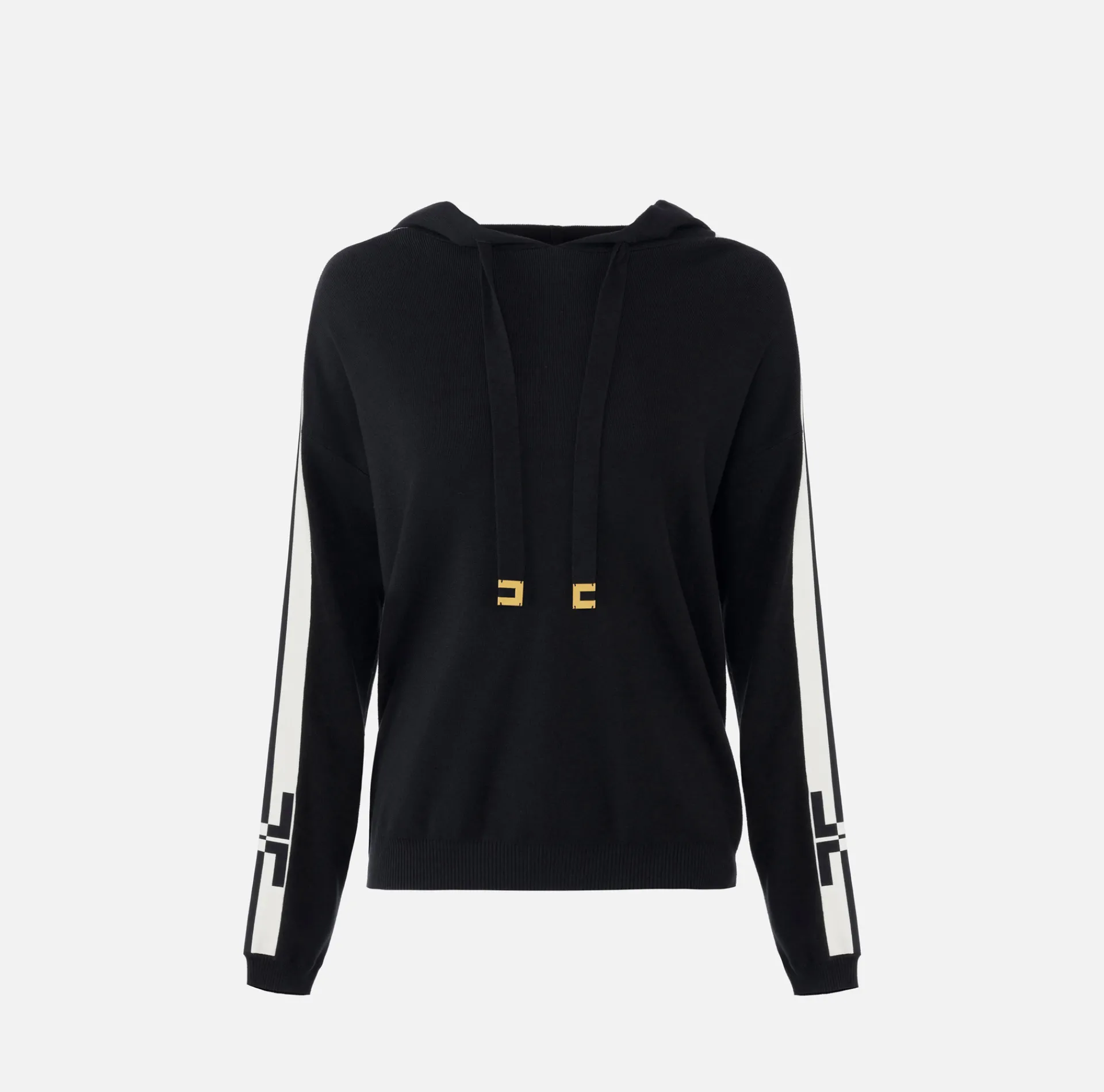 Elisabetta Franchi Knitwear And Sweatshirts|Viscose sweatshirt with hood and logo bands Black/Butter
