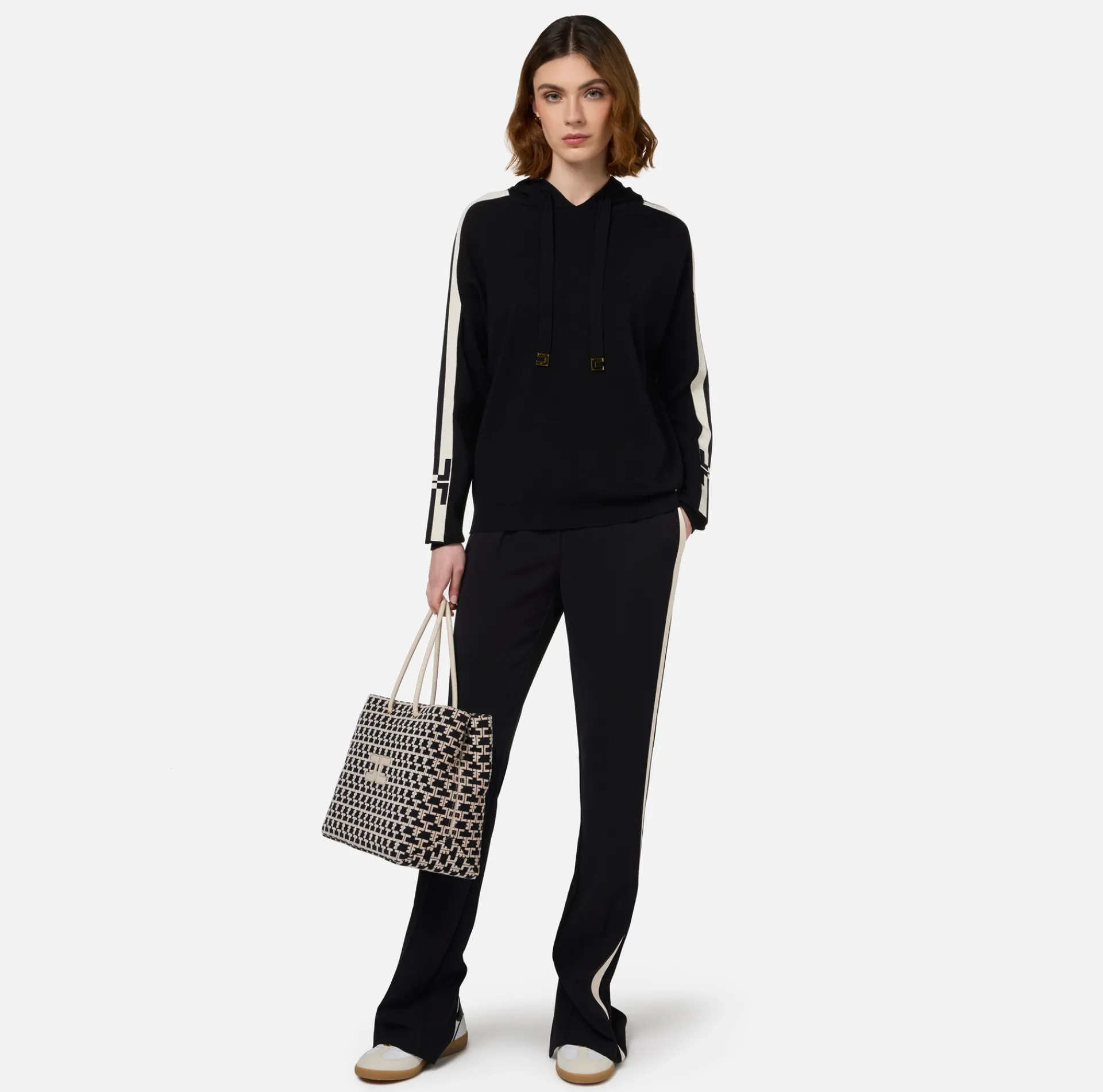 Elisabetta Franchi Knitwear And Sweatshirts|Viscose sweatshirt with hood and logo bands Black/Butter