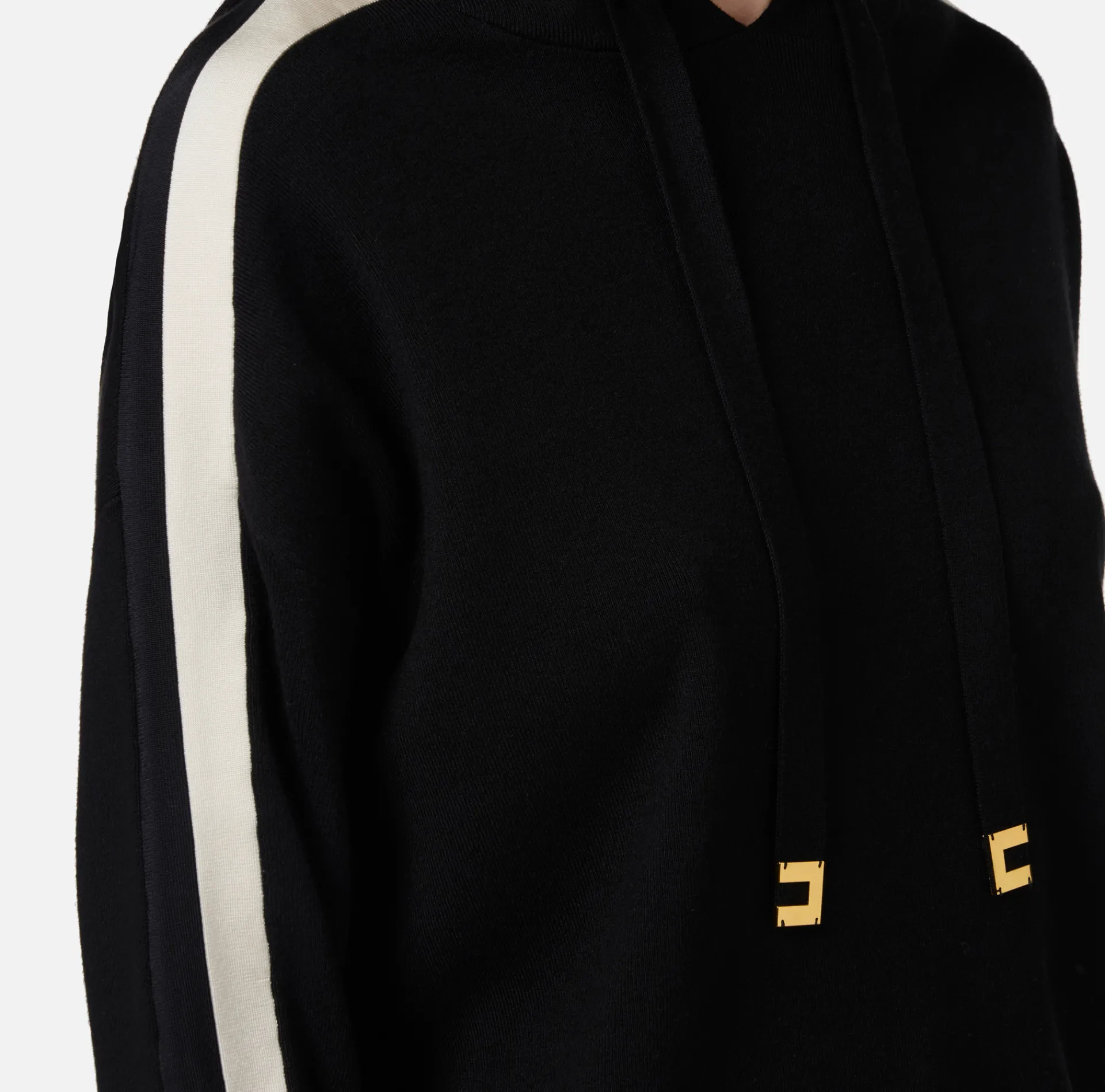 Elisabetta Franchi Knitwear And Sweatshirts|Viscose sweatshirt with hood and logo bands Black/Butter
