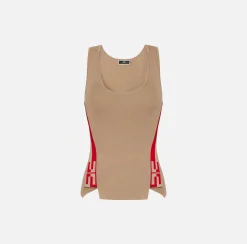 Elisabetta Franchi Top And T-Shirts|Viscose top with logoed bands Camel/RedPassion