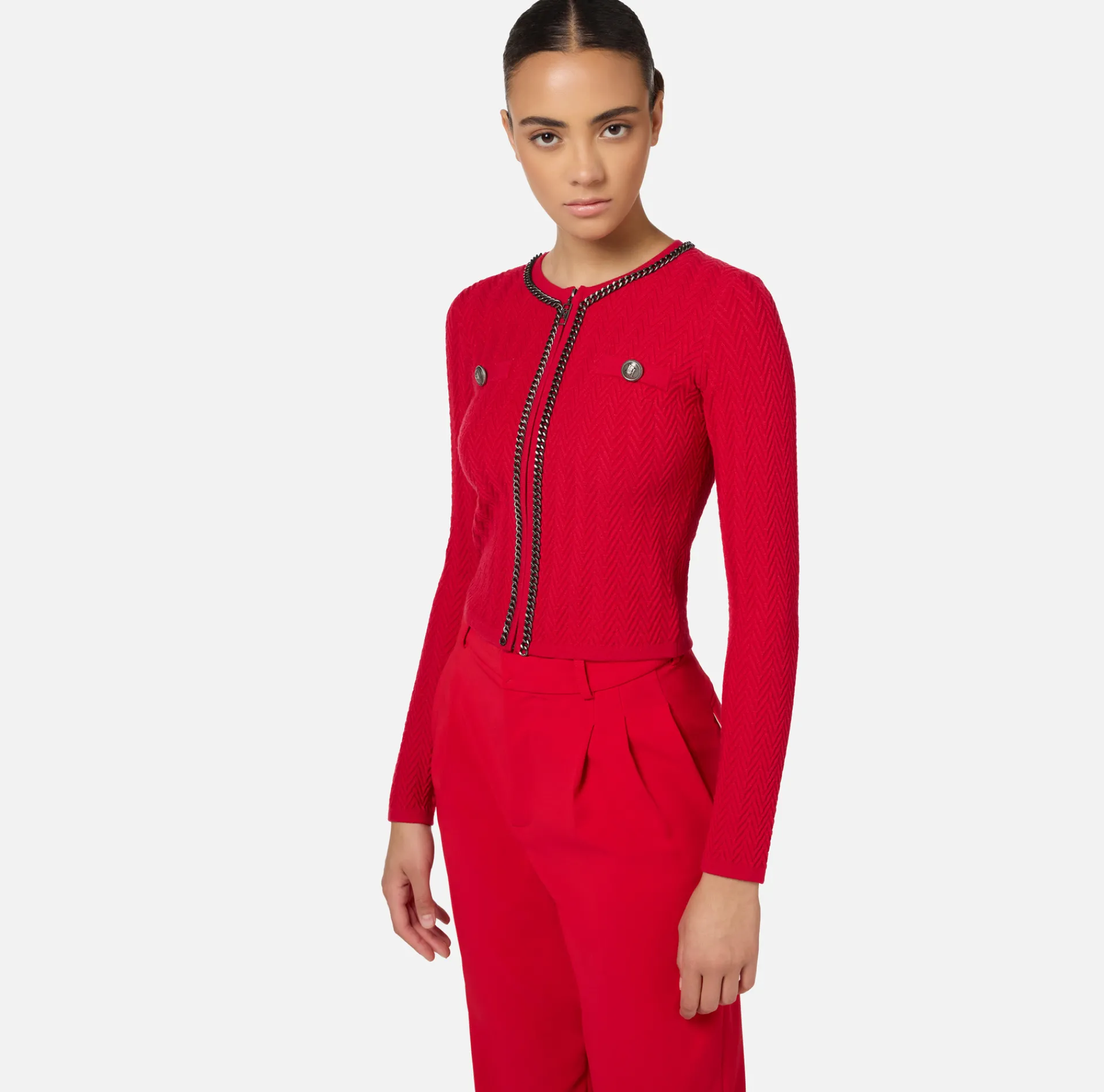 Elisabetta Franchi Knitwear And Sweatshirts|Viscose-blend cardigan with herringbone stitch RedPassion