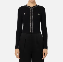 Elisabetta Franchi Knitwear And Sweatshirts|Viscose-blend cardigan with herringbone stitch Black