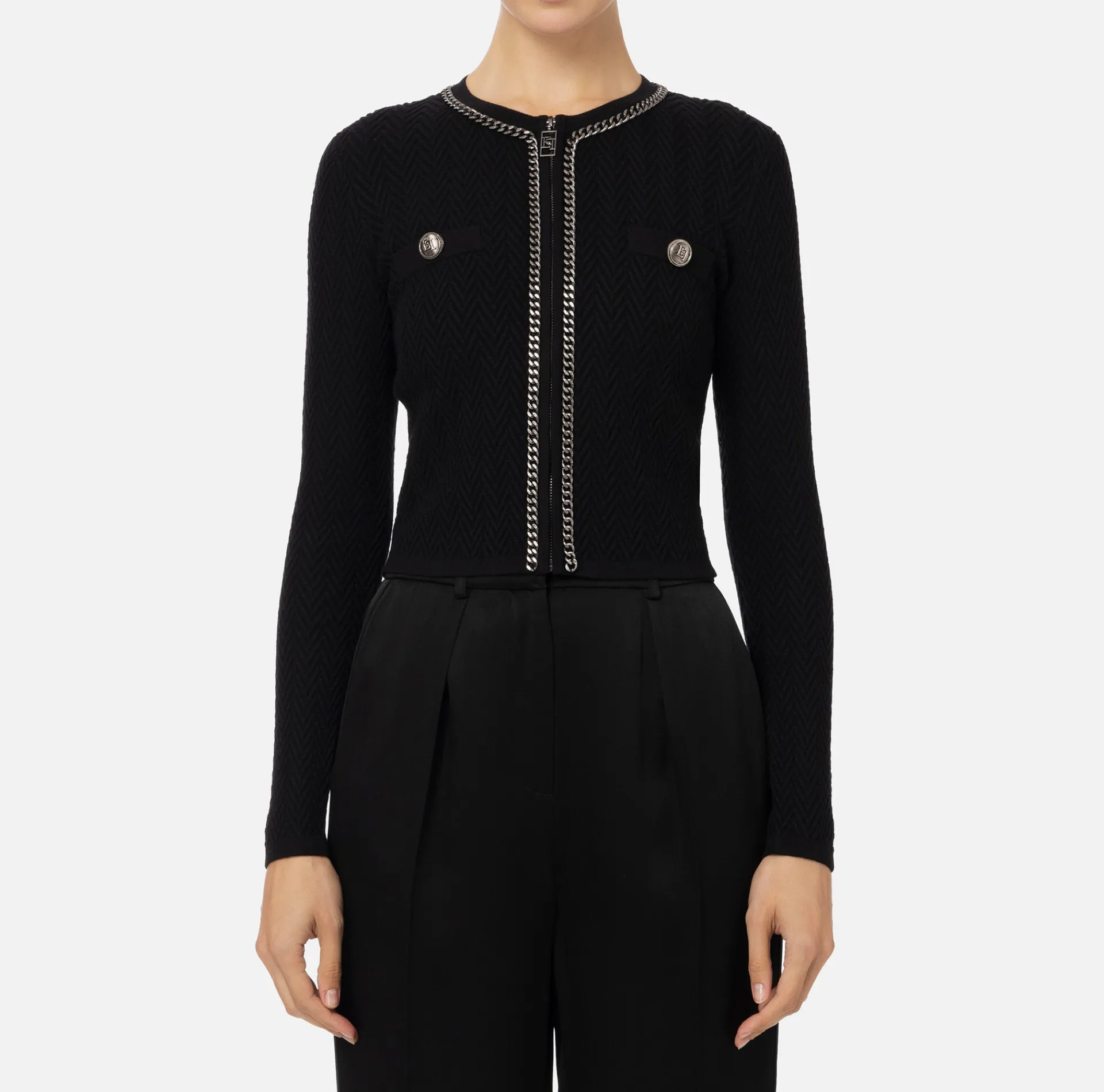 Elisabetta Franchi Knitwear And Sweatshirts|Viscose-blend cardigan with herringbone stitch Black