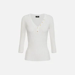 Elisabetta Franchi Knitwear And Sweatshirts|V-neck top in narrow-ribbed lurex and viscose fabric Ivory