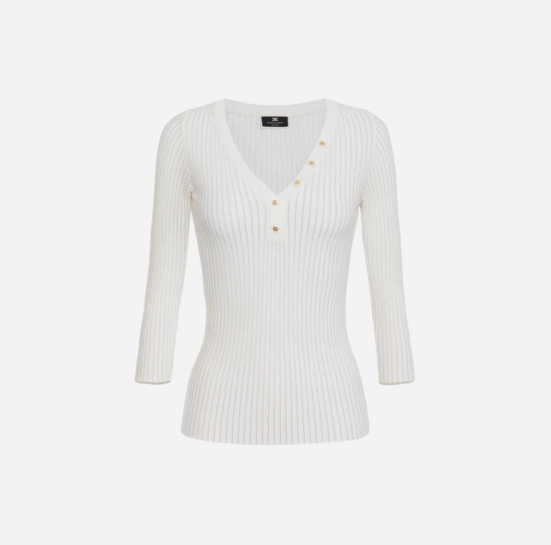 Elisabetta Franchi Knitwear And Sweatshirts|V-neck top in narrow-ribbed lurex and viscose fabric Ivory