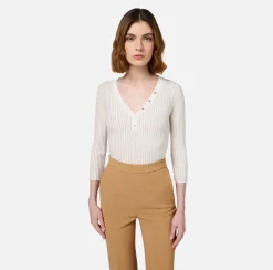 Elisabetta Franchi Knitwear And Sweatshirts|V-neck top in narrow-ribbed lurex and viscose fabric Ivory