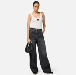Elisabetta Franchi Jeans|Wide leg cotton jeans with nylon inserts Blackdenim