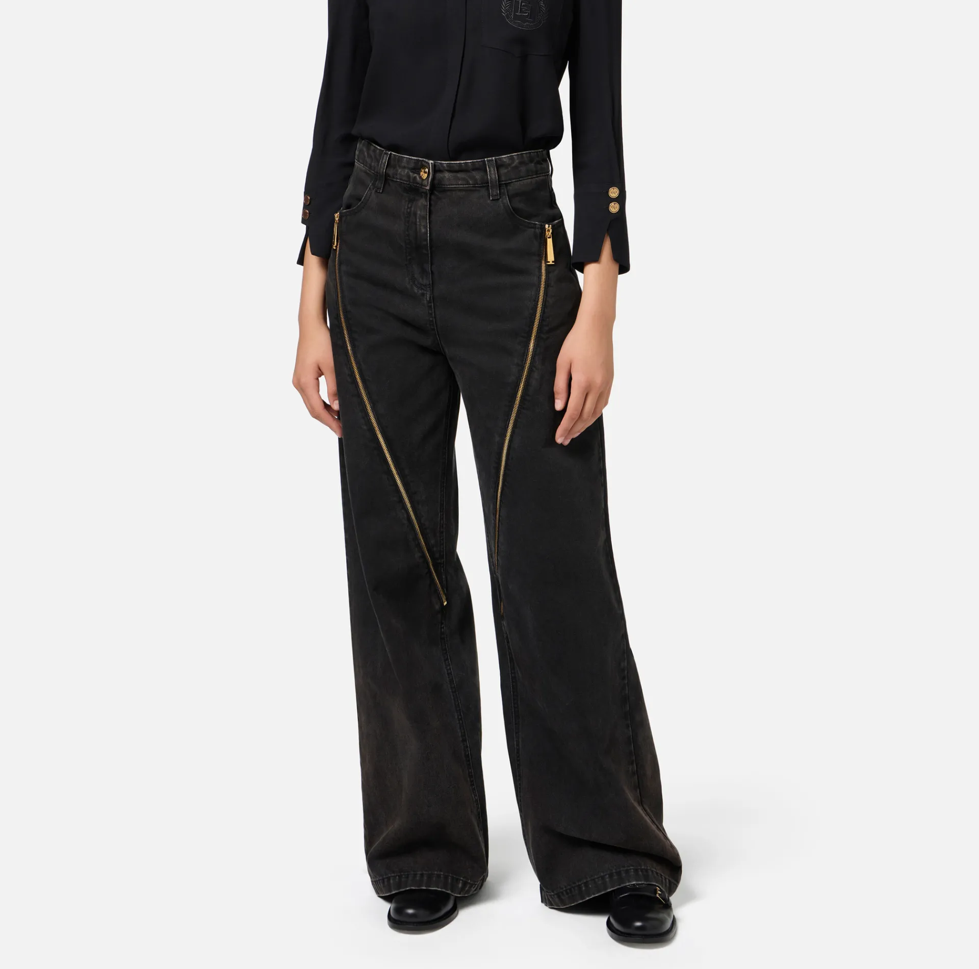 Elisabetta Franchi Jeans|Wide leg cotton jeans with zip Black