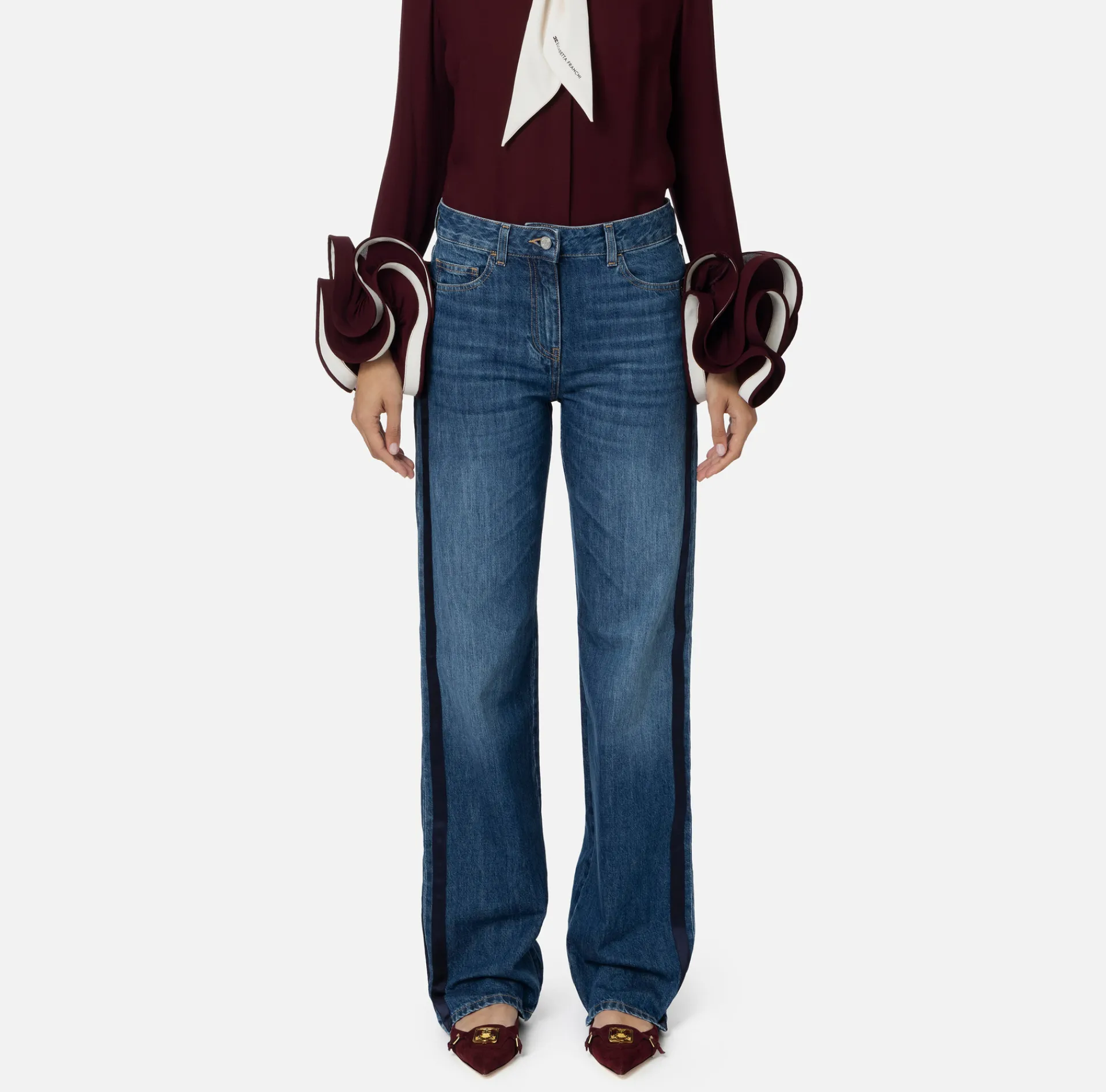 Elisabetta Franchi Jeans|Wide leg organic cotton jeans with satin bands DenimBlue