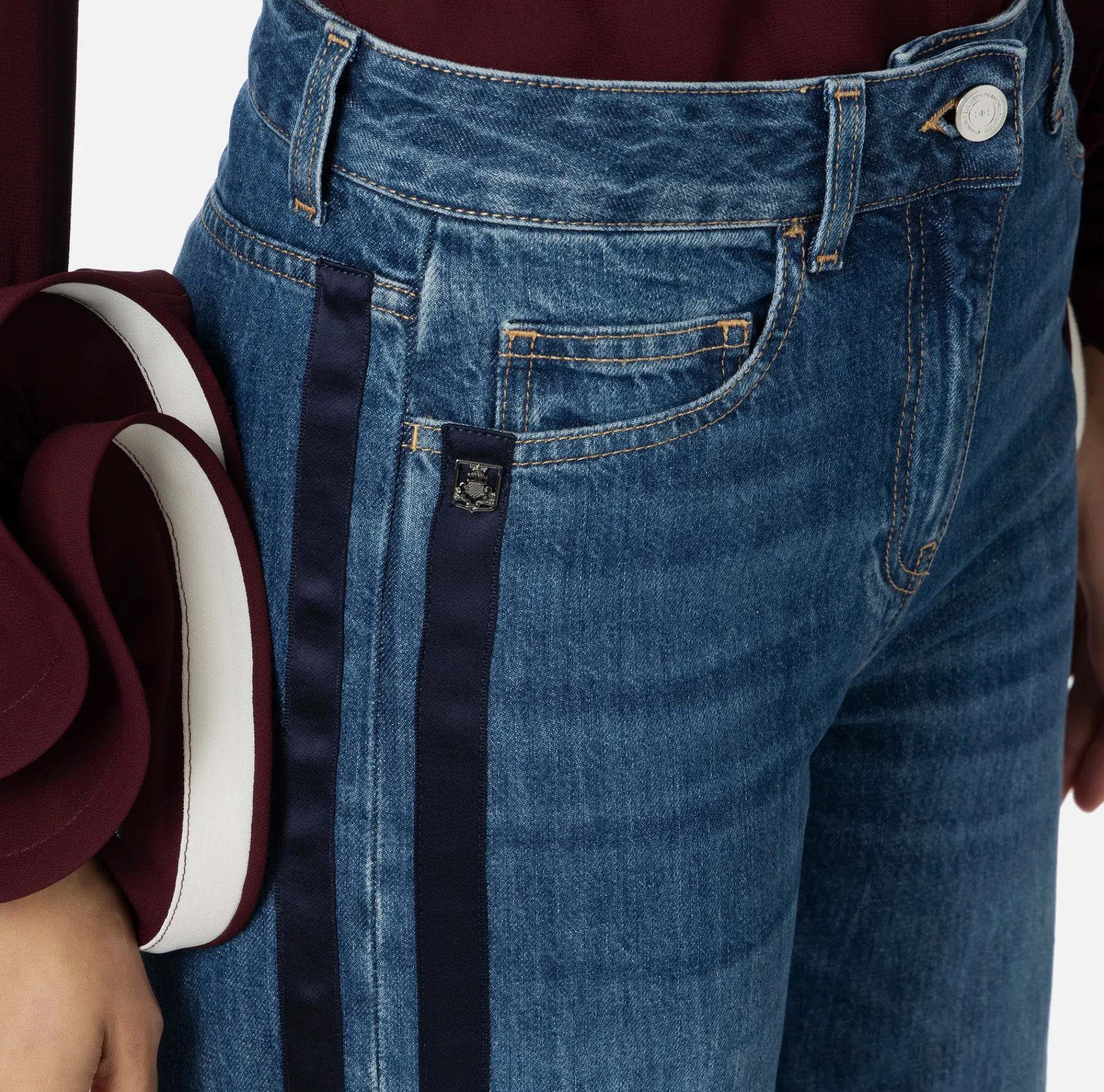 Elisabetta Franchi Jeans|Wide leg organic cotton jeans with satin bands DenimBlue