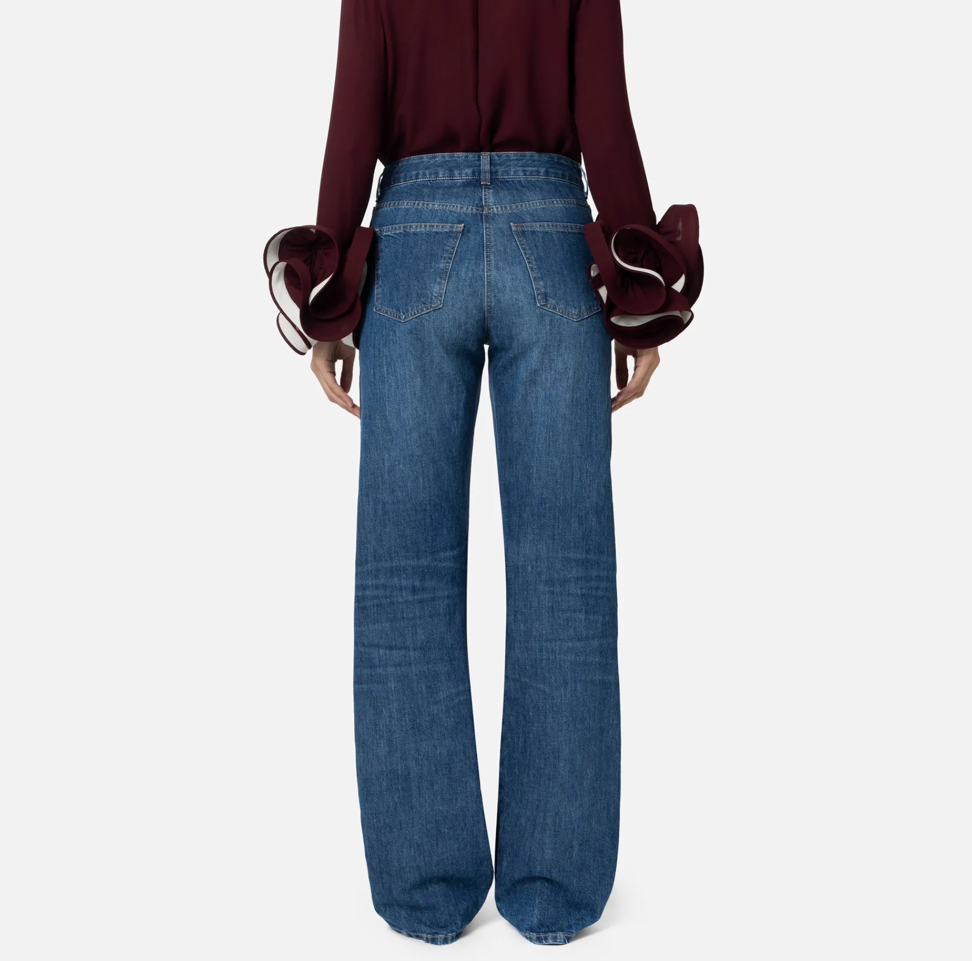 Elisabetta Franchi Jeans|Wide leg organic cotton jeans with satin bands DenimBlue
