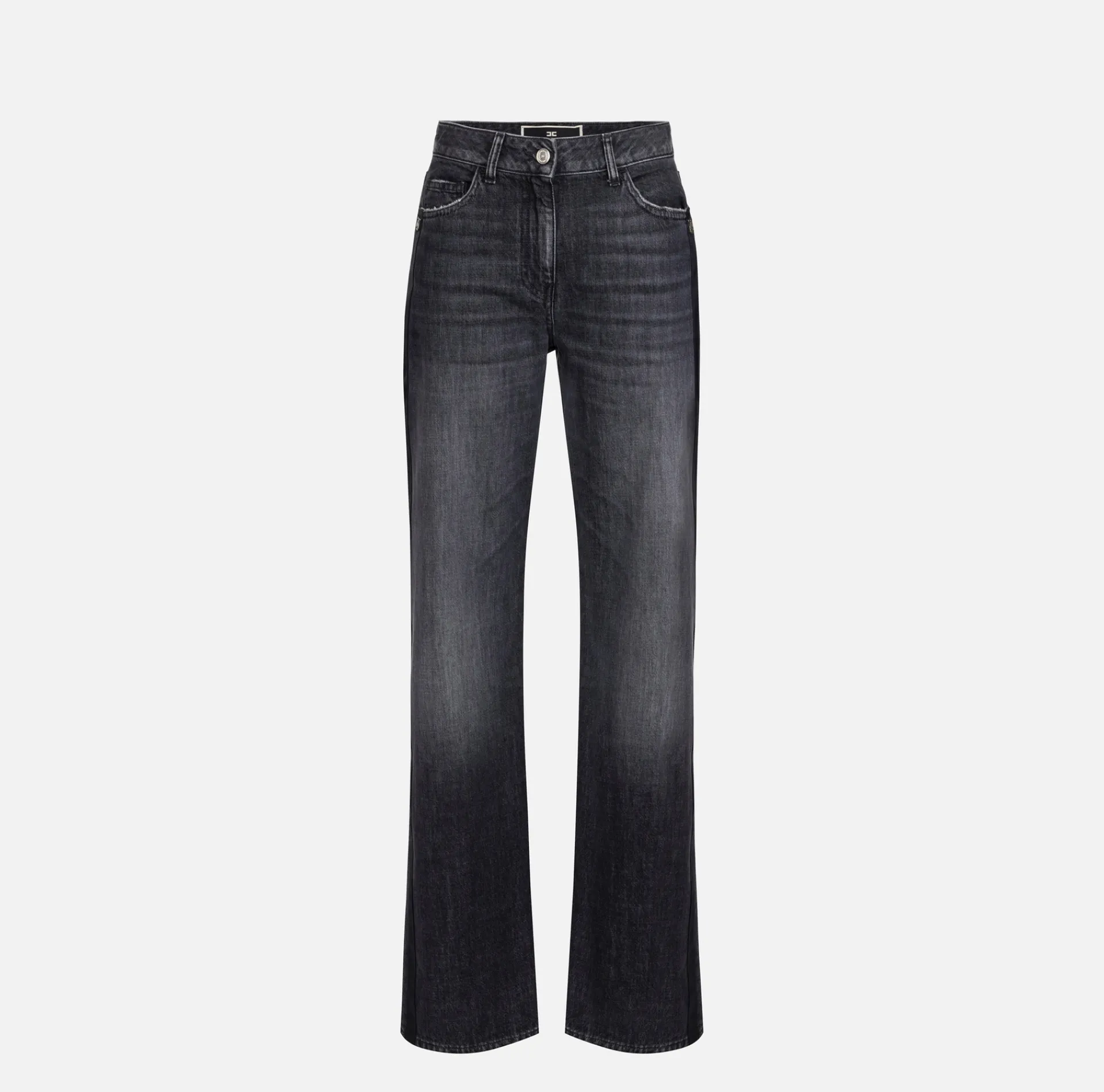 Elisabetta Franchi Jeans|Wide leg organic cotton jeans with satin bands Blackdenim
