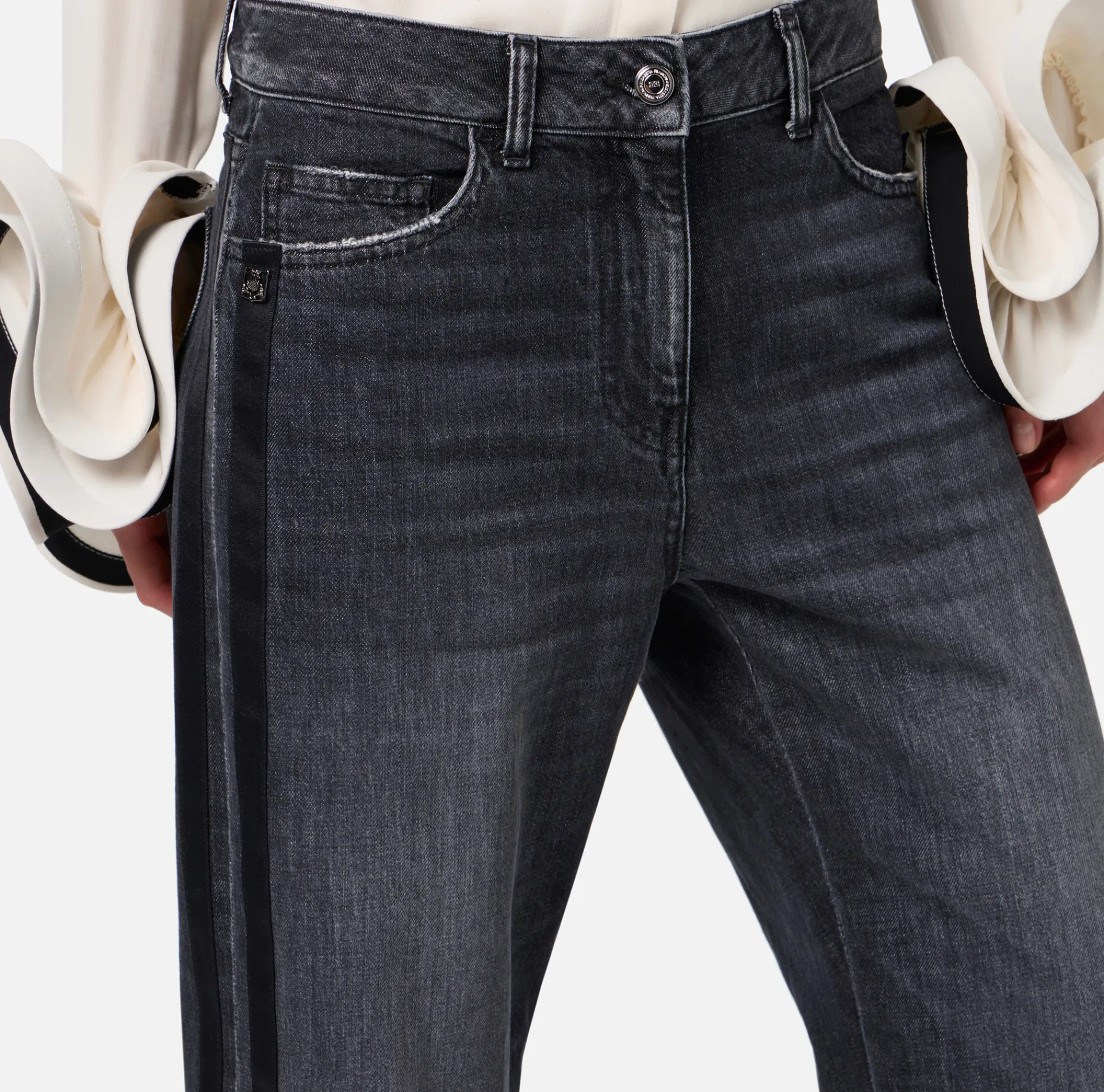 Elisabetta Franchi Jeans|Wide leg organic cotton jeans with satin bands Blackdenim