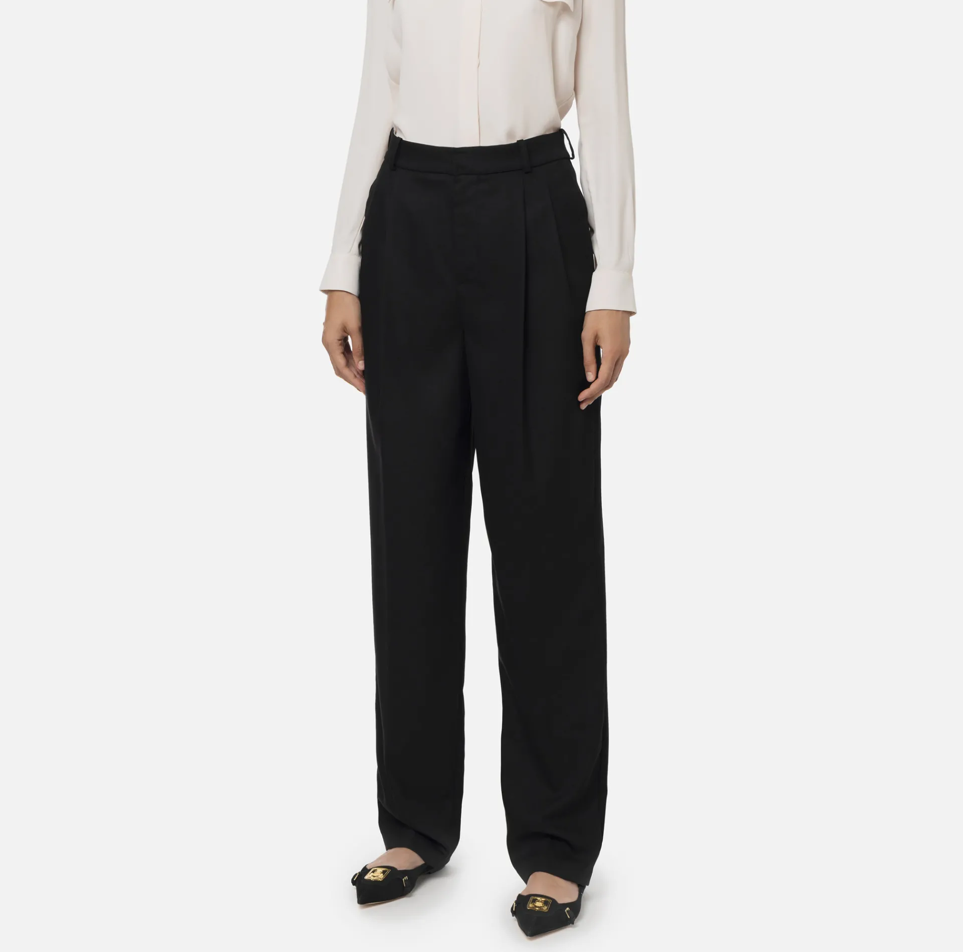 Elisabetta Franchi Trousers And Shorts|Wide leg trousers with double darts in stretch cool wool fabric Black