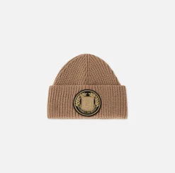 Elisabetta Franchi Hats|Wool beanie with logo patch Camel