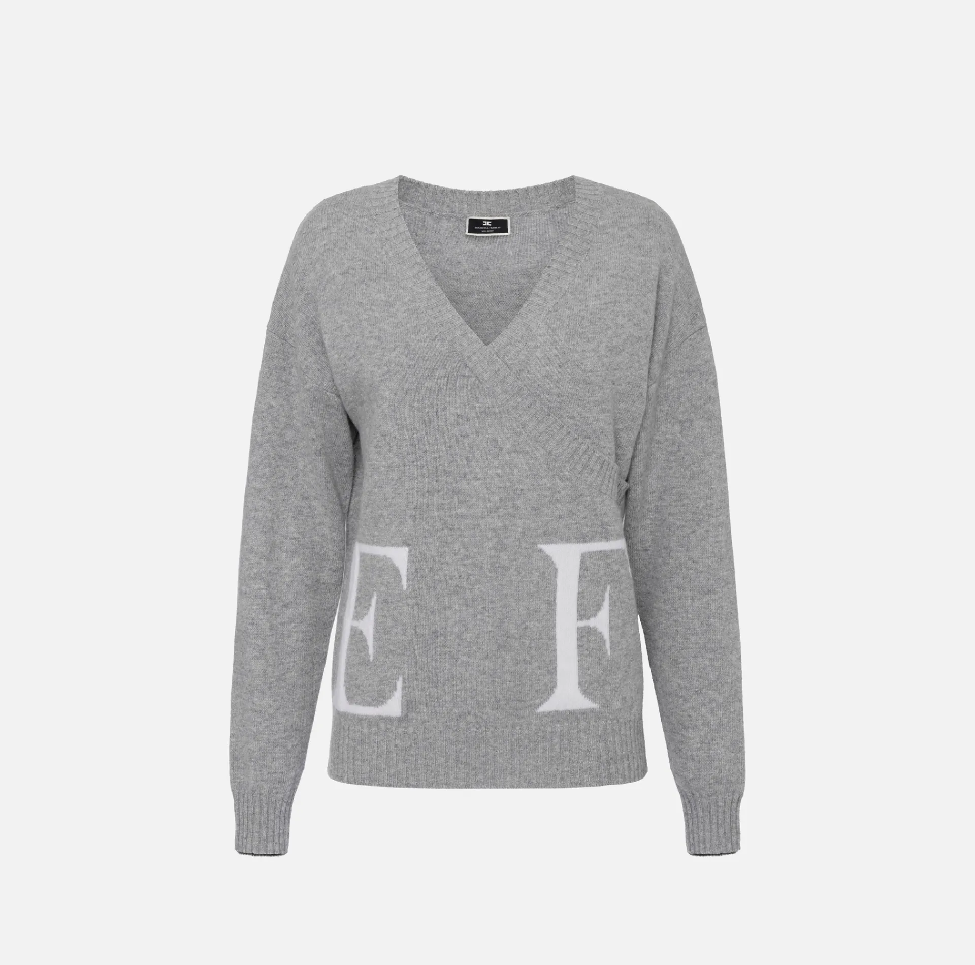 Elisabetta Franchi Knitwear And Sweatshirts|Wool blend crossover jumper with logo HeatherGrey/Ivory