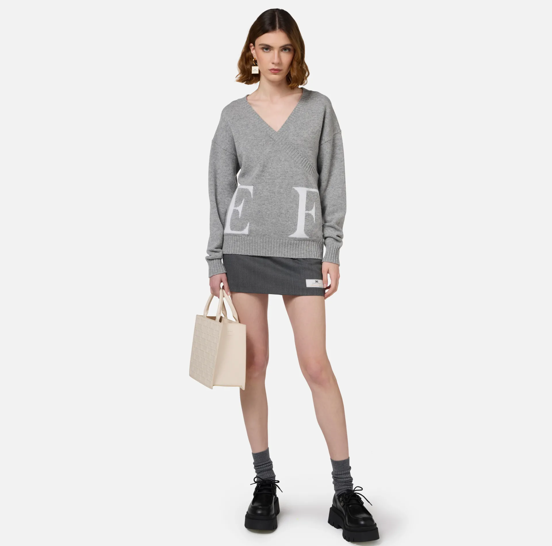 Elisabetta Franchi Knitwear And Sweatshirts|Wool blend crossover jumper with logo HeatherGrey/Ivory