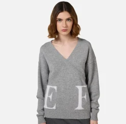 Elisabetta Franchi Knitwear And Sweatshirts|Wool blend crossover jumper with logo HeatherGrey/Ivory