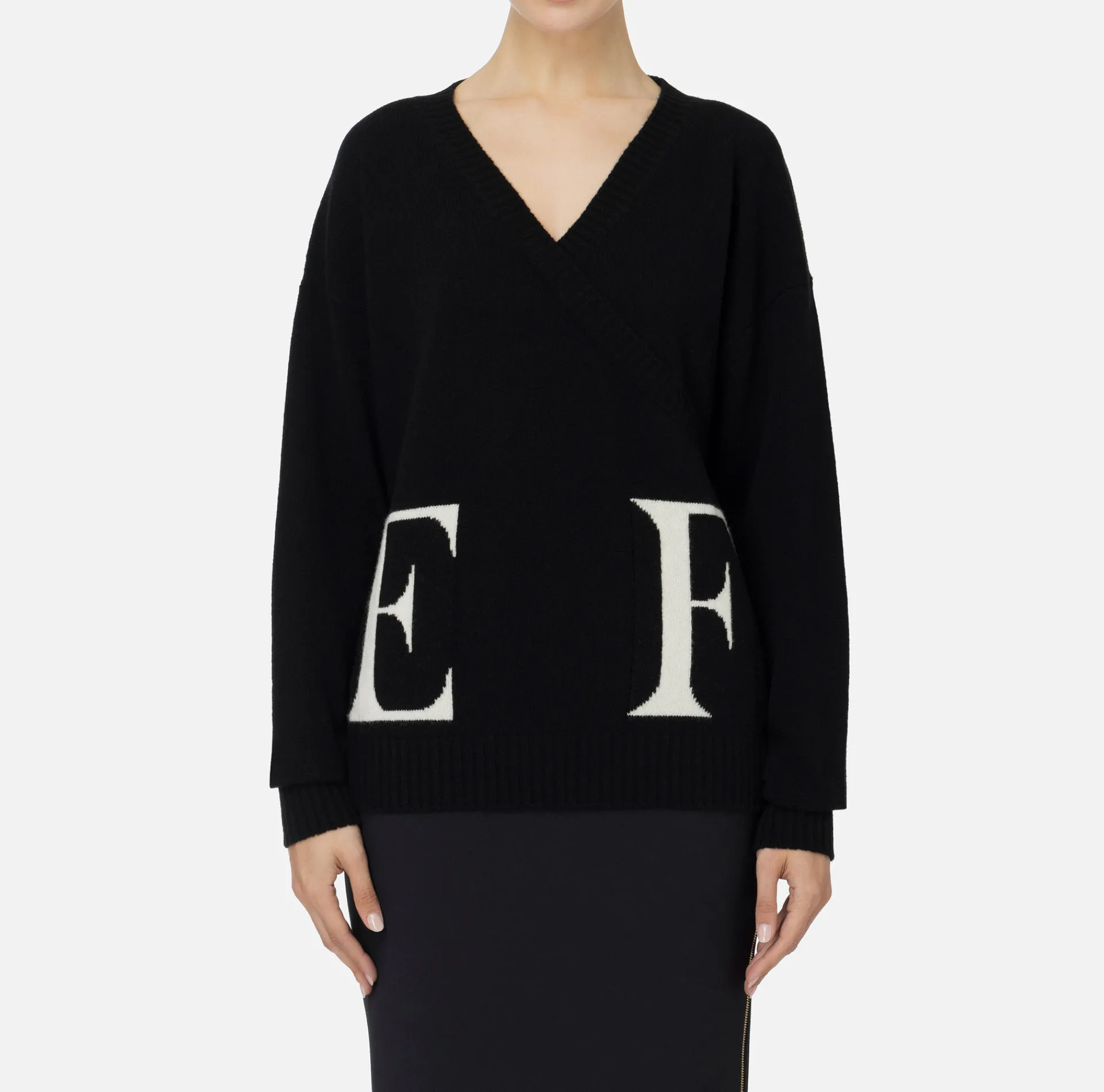 Elisabetta Franchi Knitwear And Sweatshirts|Wool blend crossover jumper with logo Black/Butter