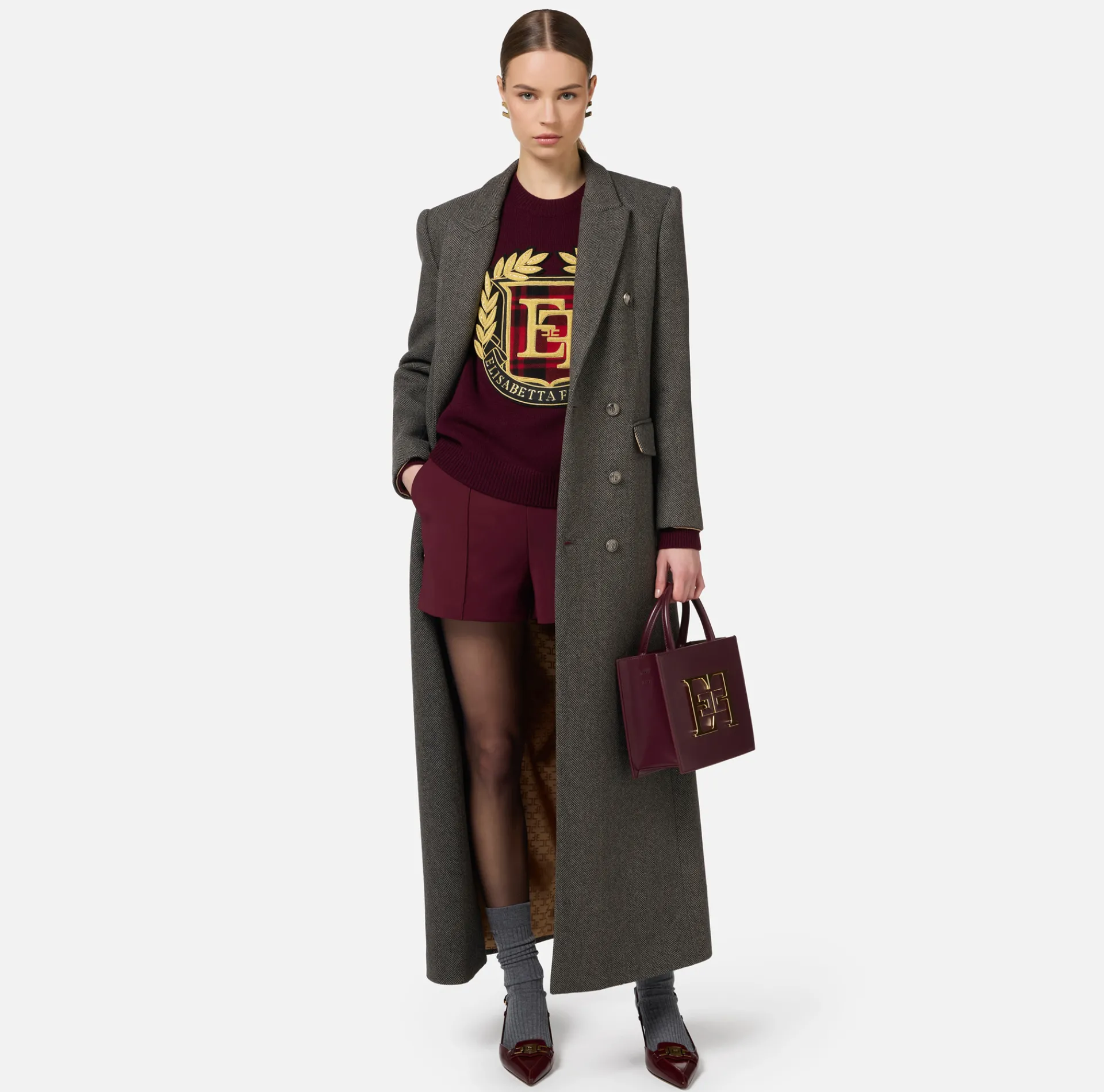 Elisabetta Franchi Coats And Jackets|Wool blend double-breasted coat with utility belt DoveGrey