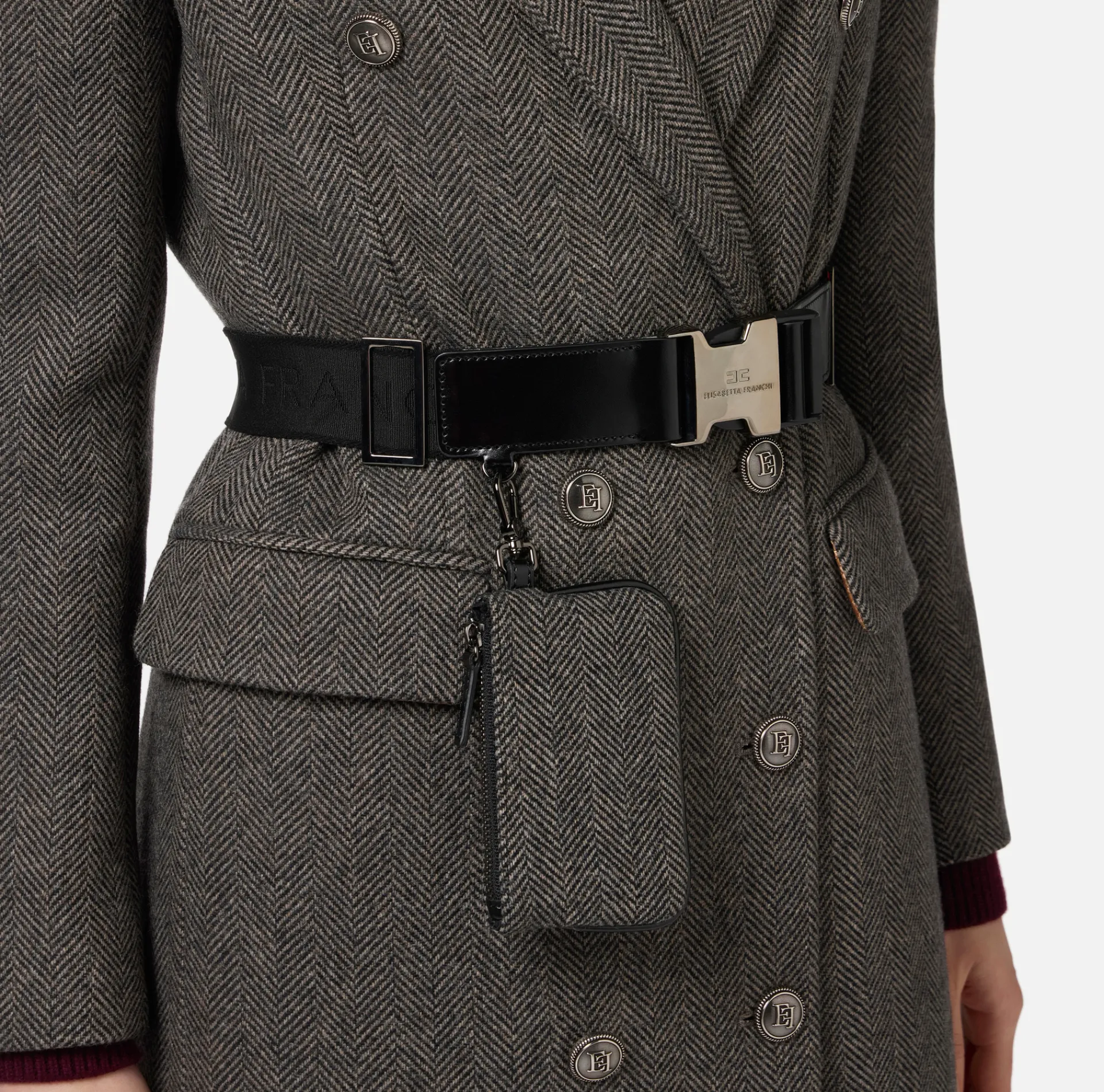 Elisabetta Franchi Coats And Jackets|Wool blend double-breasted coat with utility belt DoveGrey