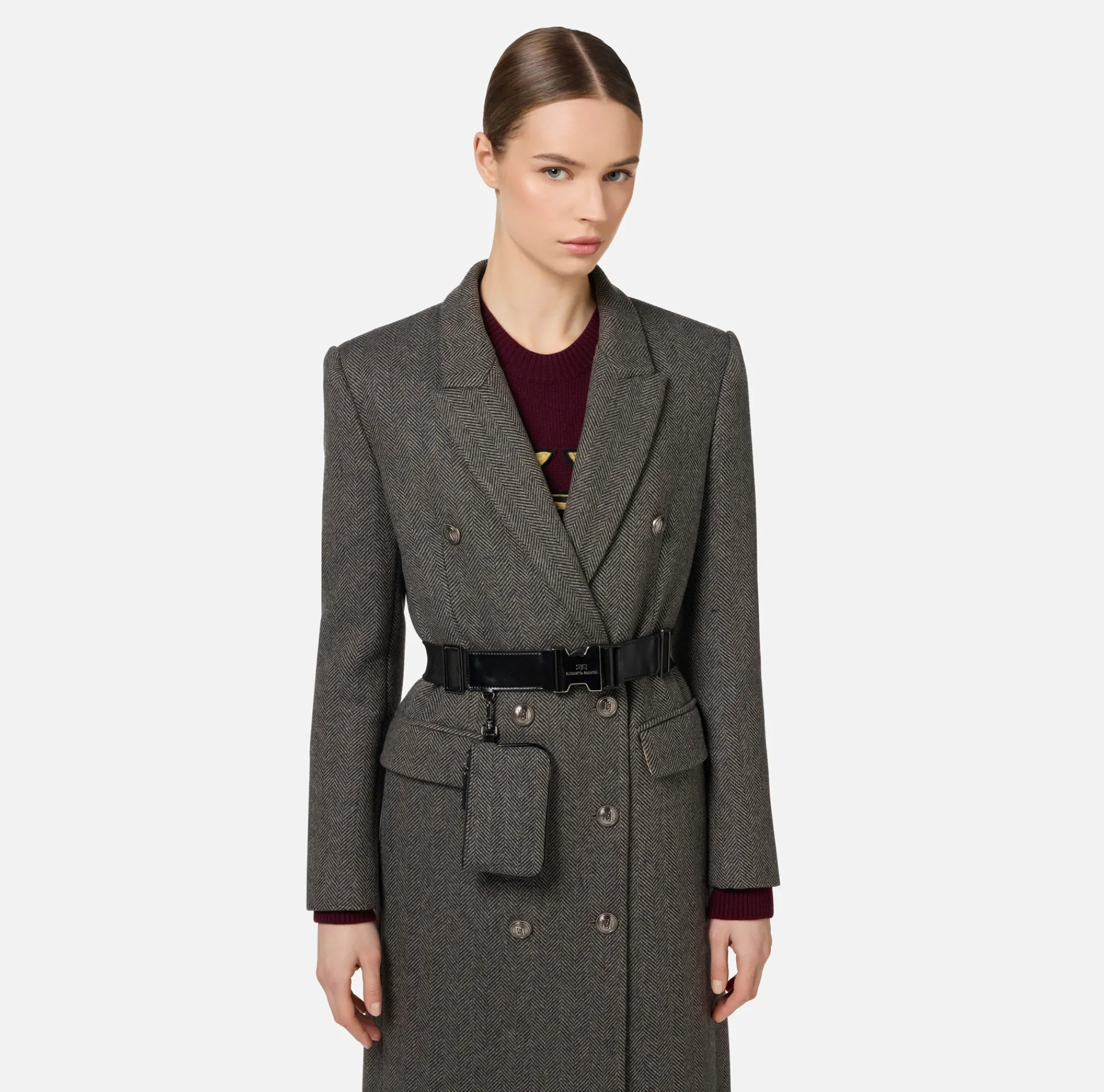 Elisabetta Franchi Coats And Jackets|Wool blend double-breasted coat with utility belt