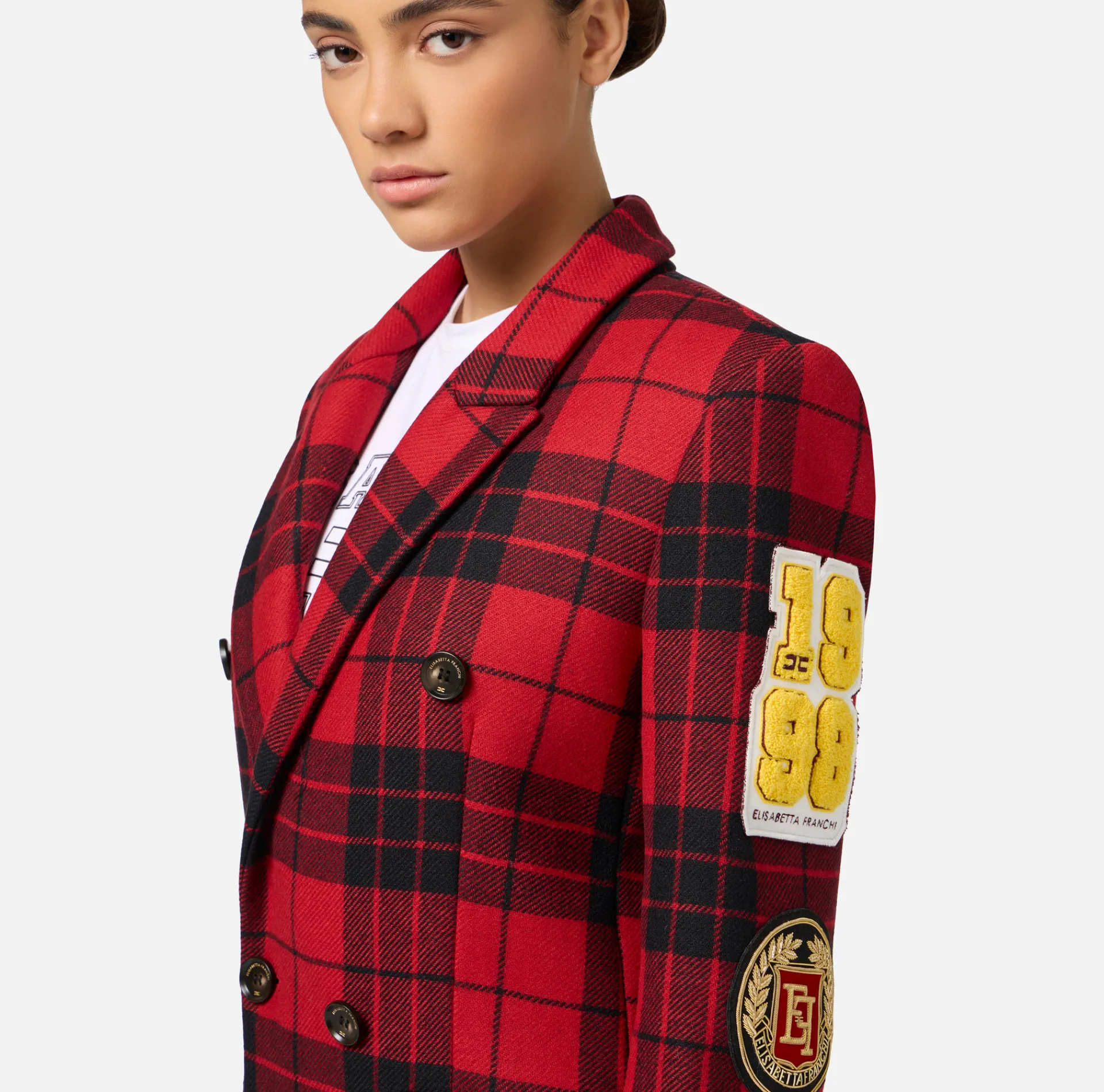 Elisabetta Franchi Coats And Jackets|Wool blend double-breasted coat with patch RedPassion/Black