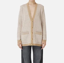 Elisabetta Franchi Knitwear And Sweatshirts|Wool cardigan with sequin thread Camel/Gold