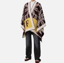 Elisabetta Franchi Coats And Jackets|Wool jacquard cape with lettering RougeNoir/Mimosa