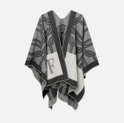 Elisabetta Franchi Coats And Jackets|Wool jacquard cape with lettering Pearl/Steel