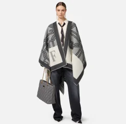 Elisabetta Franchi Coats And Jackets|Wool jacquard cape with lettering Pearl/Steel