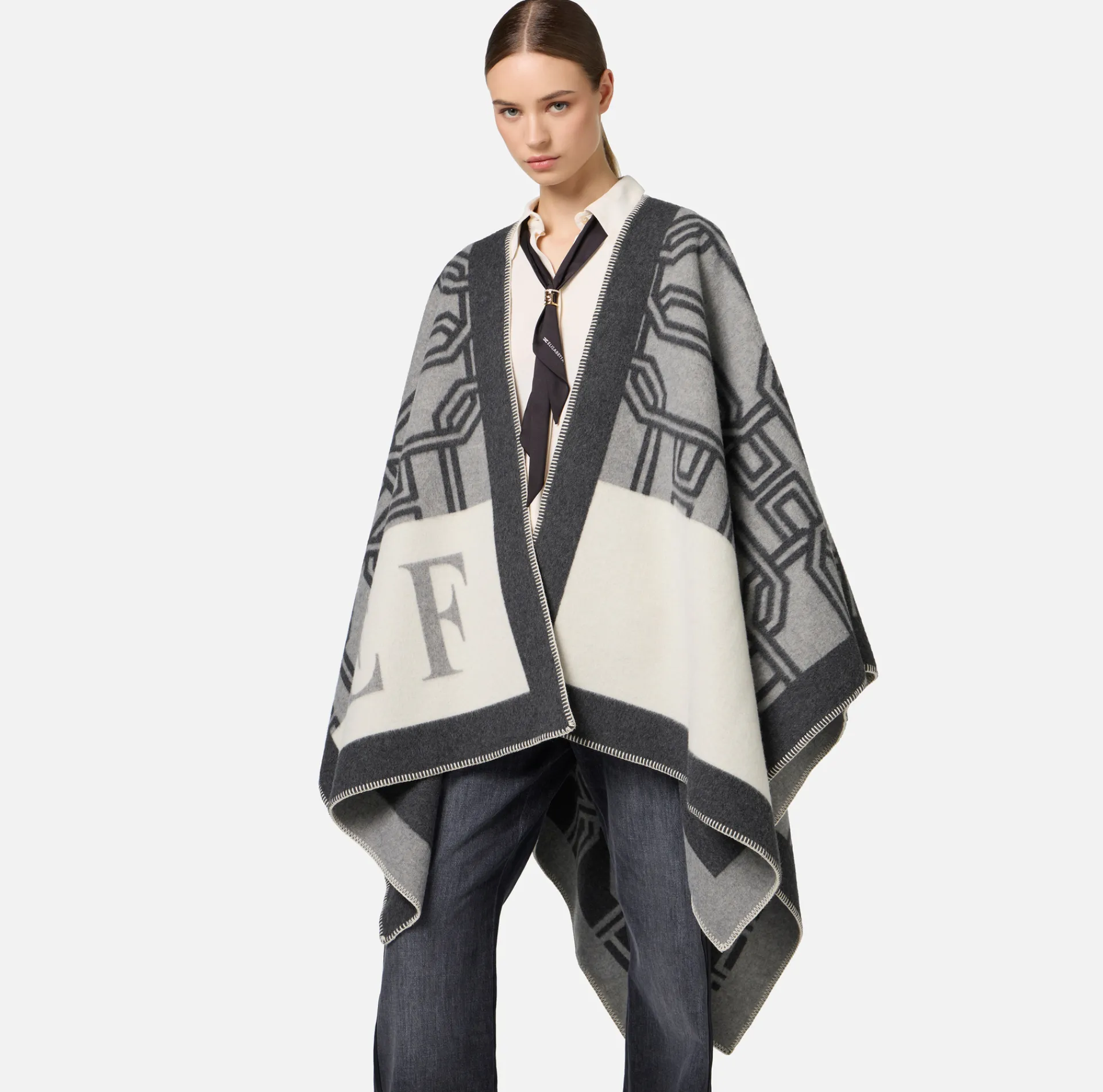 Elisabetta Franchi Coats And Jackets|Wool jacquard cape with lettering Pearl/Steel