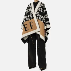 Elisabetta Franchi Coats And Jackets|Wool jacquard cape with lettering Camel/Black