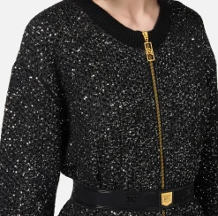 Elisabetta Franchi Mini Dresses|Knitted Dresses|Wool mini-dress with sequin thread Black/Silver