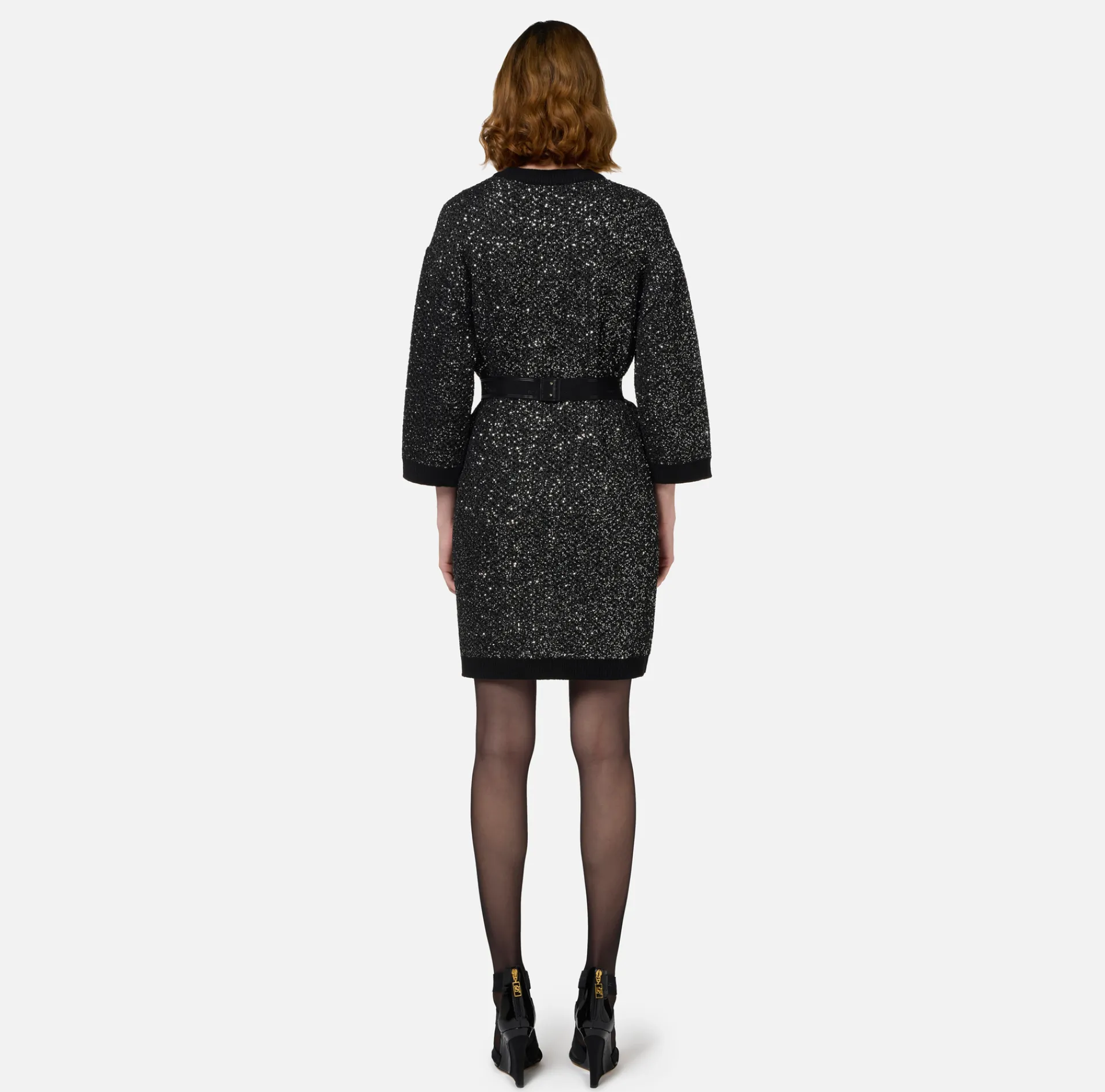 Elisabetta Franchi Mini Dresses|Knitted Dresses|Wool mini-dress with sequin thread Black/Silver
