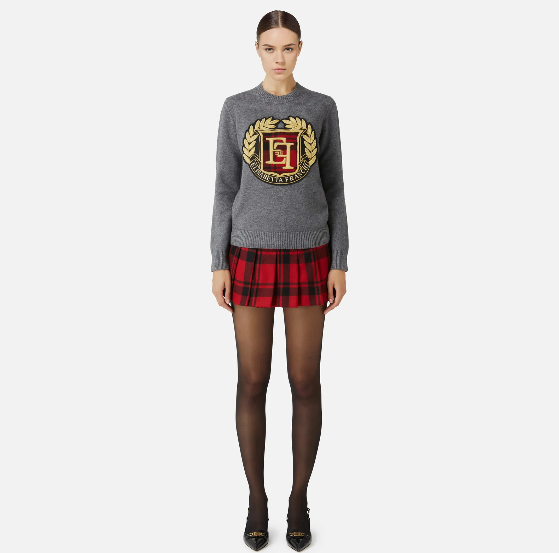 Elisabetta Franchi Knitwear And Sweatshirts|Wool pullover with maxi patch HeatherGrey