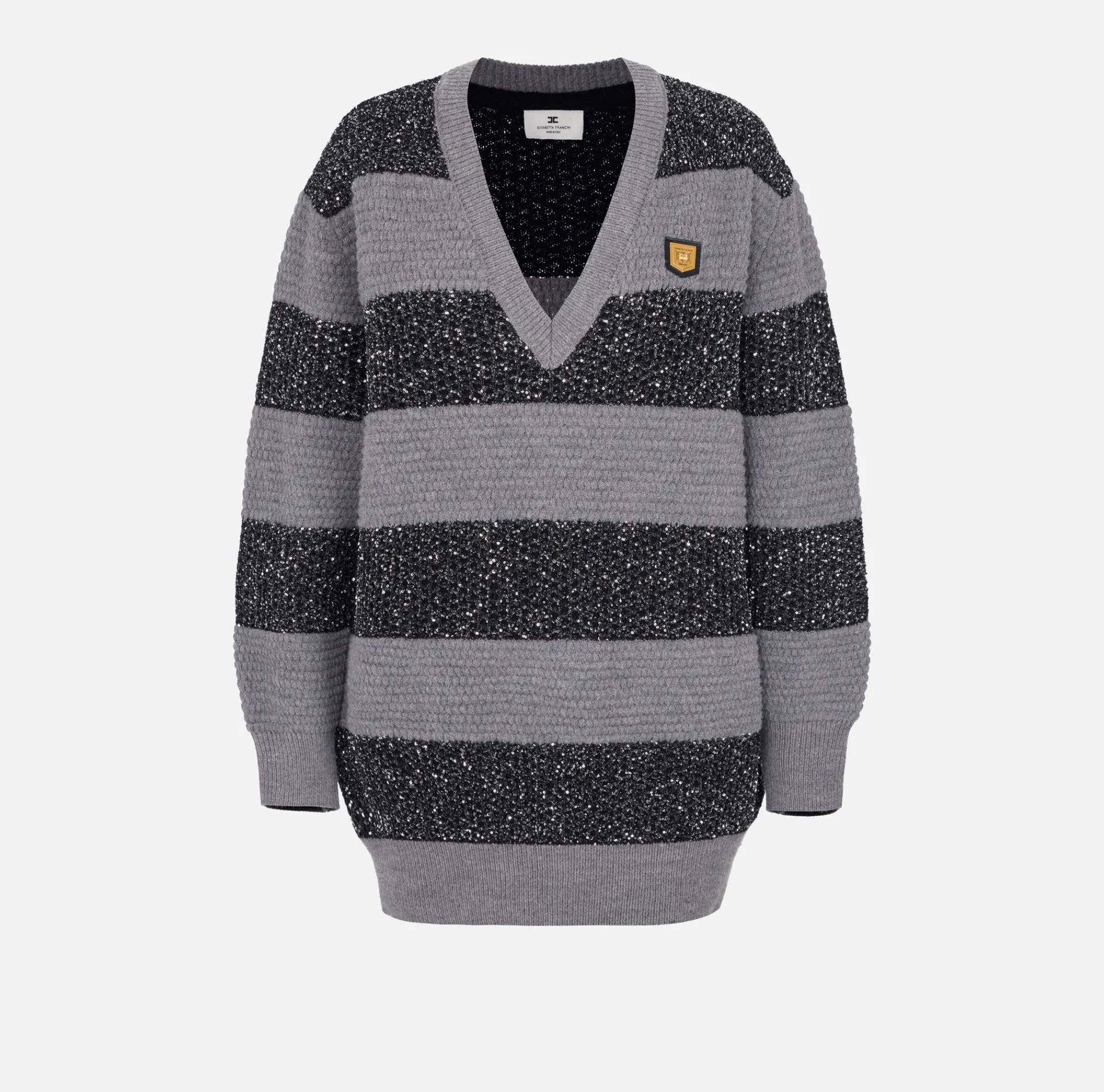 Elisabetta Franchi Mini Dresses|Knitted Dresses|Wool striped jumper with sequin thread