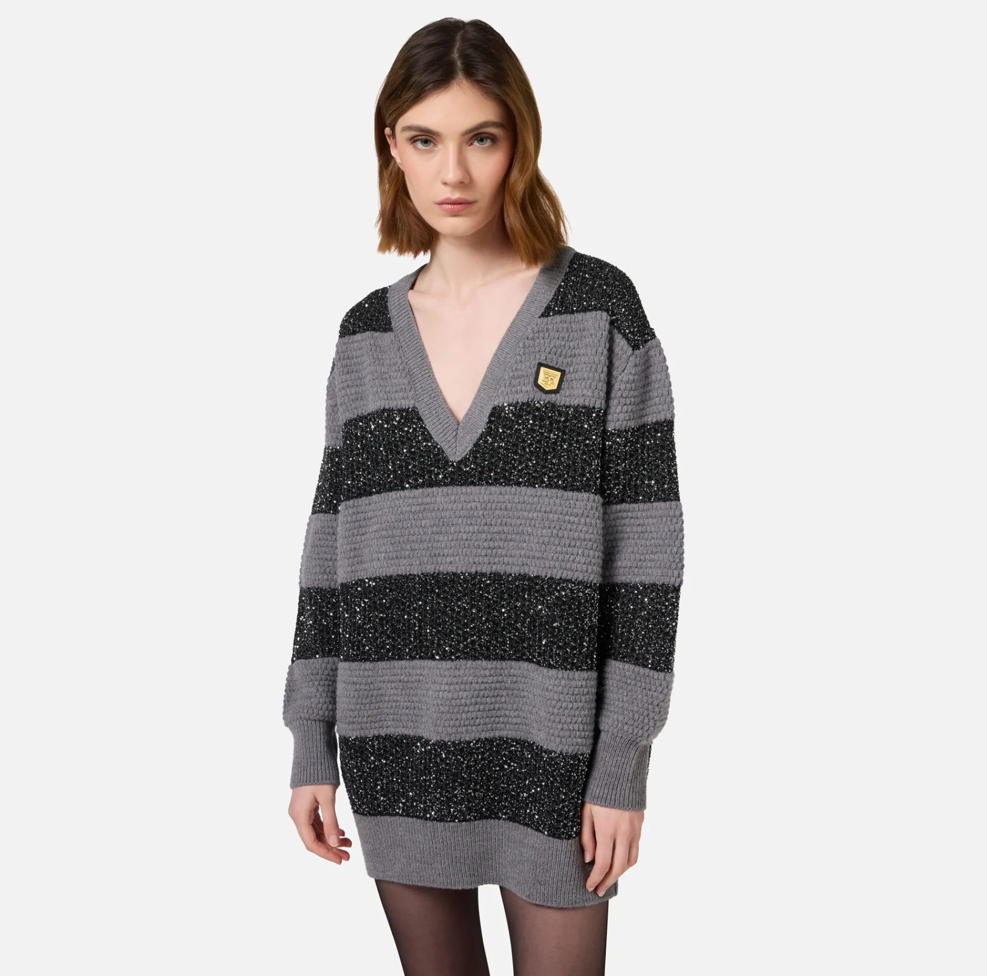 Elisabetta Franchi Mini Dresses|Knitted Dresses|Wool striped jumper with sequin thread