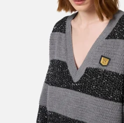 Elisabetta Franchi Mini Dresses|Knitted Dresses|Wool striped jumper with sequin thread