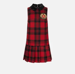 Elisabetta Franchi Mini Dresses|Dresses|Wool tartan mini-dress with embroidered patch Black/RedPassion