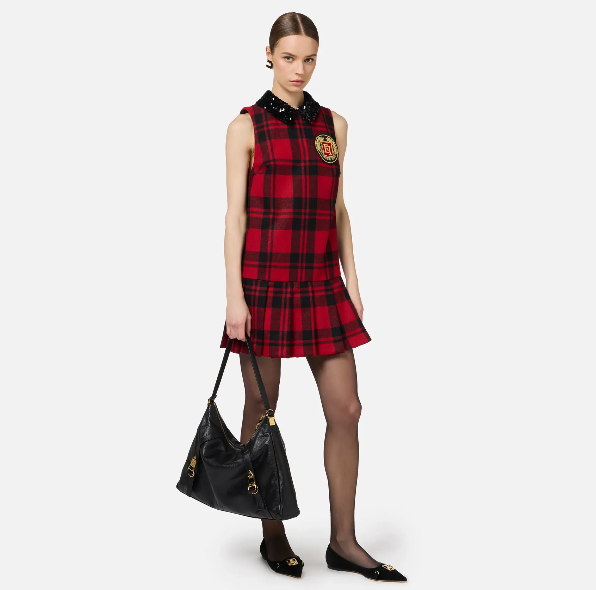 Elisabetta Franchi Mini Dresses|Dresses|Wool tartan mini-dress with embroidered patch Black/RedPassion