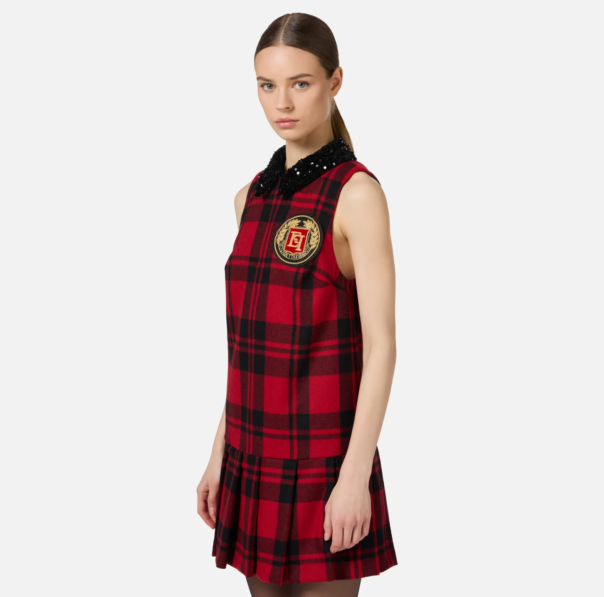 Elisabetta Franchi Mini Dresses|Dresses|Wool tartan mini-dress with embroidered patch Black/RedPassion