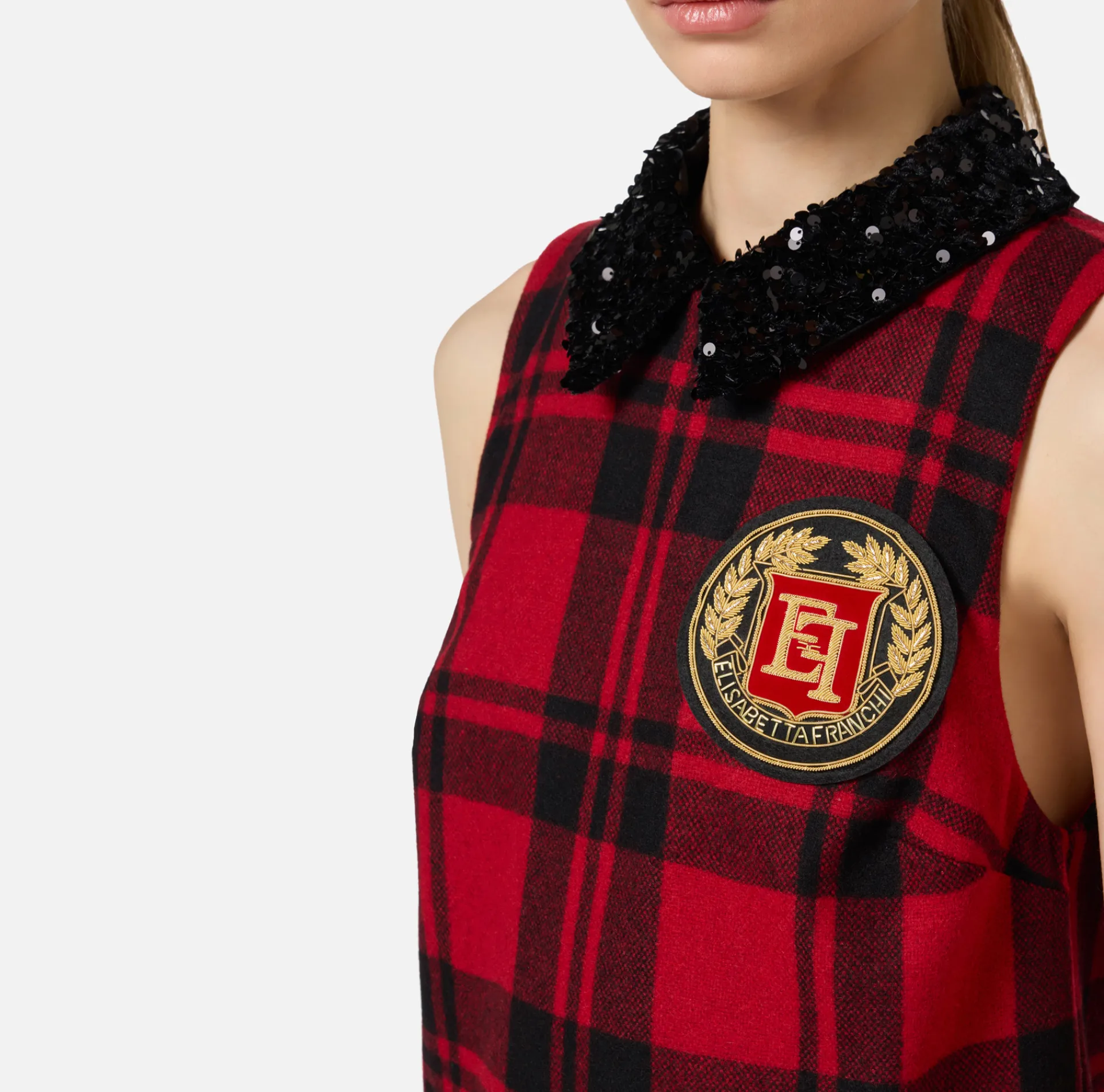 Elisabetta Franchi Mini Dresses|Dresses|Wool tartan mini-dress with embroidered patch Black/RedPassion