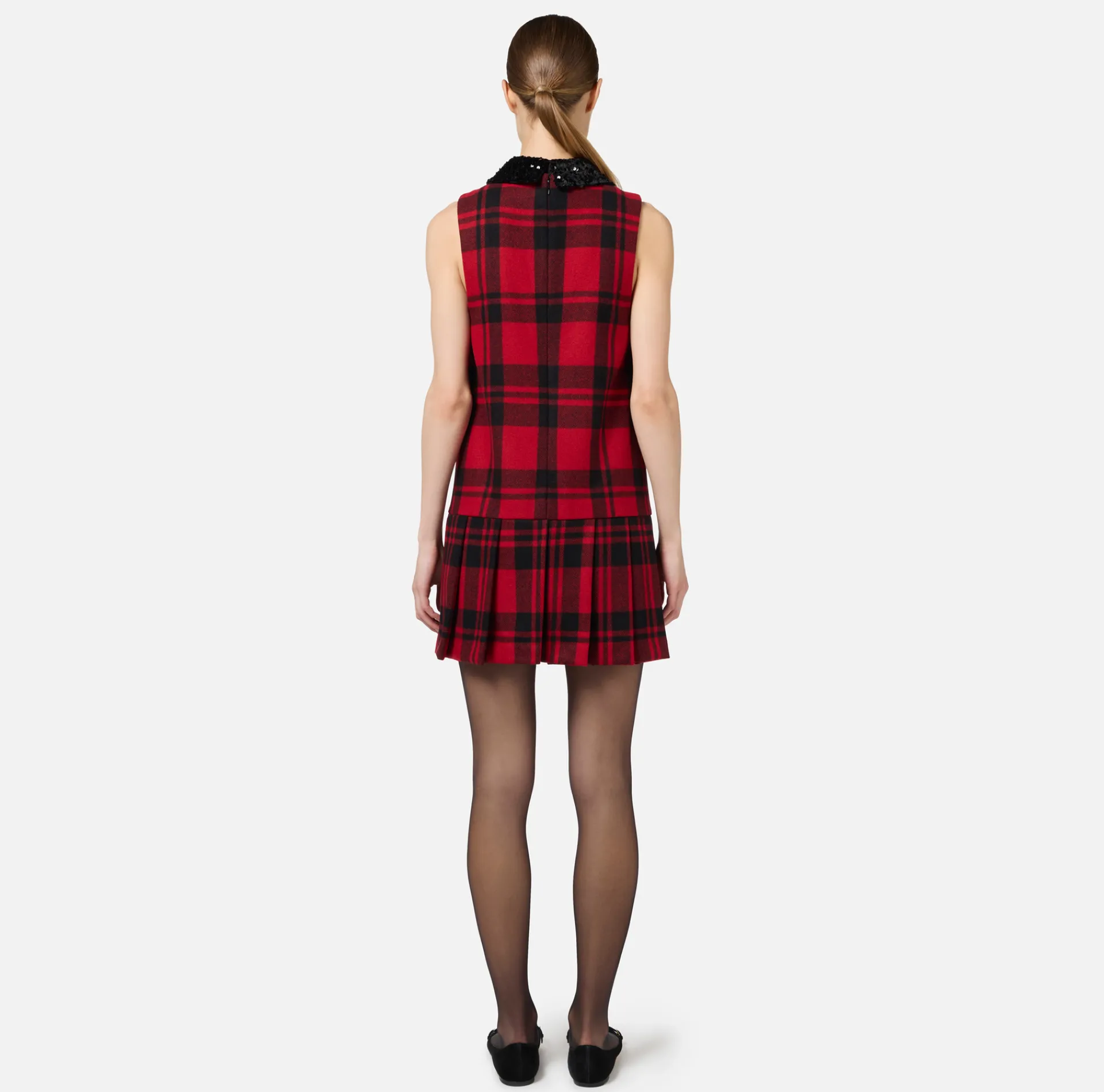 Elisabetta Franchi Mini Dresses|Dresses|Wool tartan mini-dress with embroidered patch Black/RedPassion