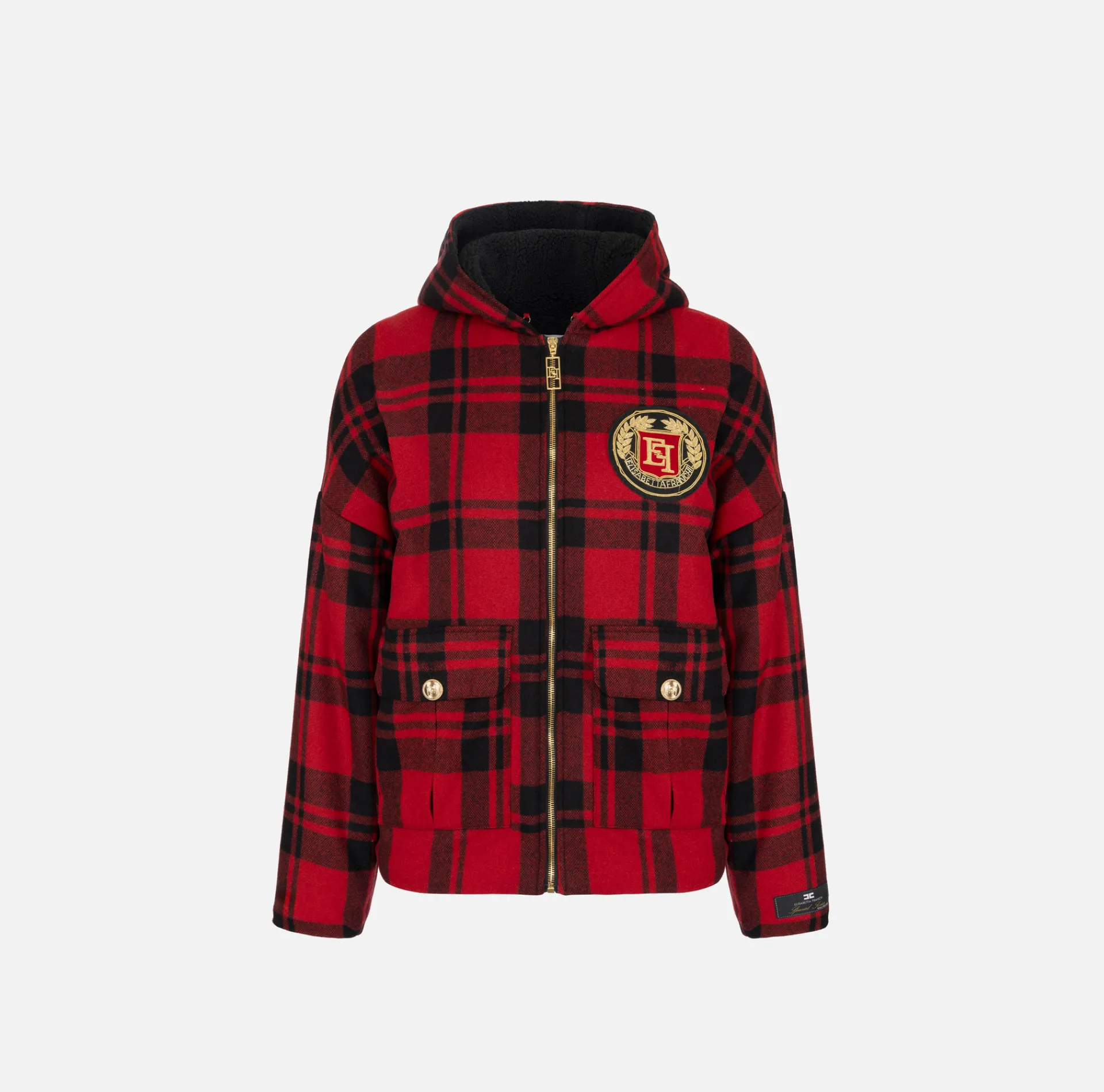 Elisabetta Franchi Coats And Jackets|Wool tartan padded jacket with hood and embroidered patch RedPassion/Black
