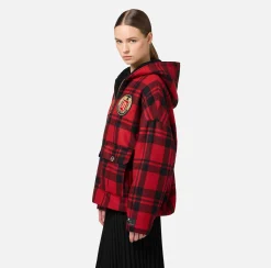 Elisabetta Franchi Coats And Jackets|Wool tartan padded jacket with hood and embroidered patch RedPassion/Black