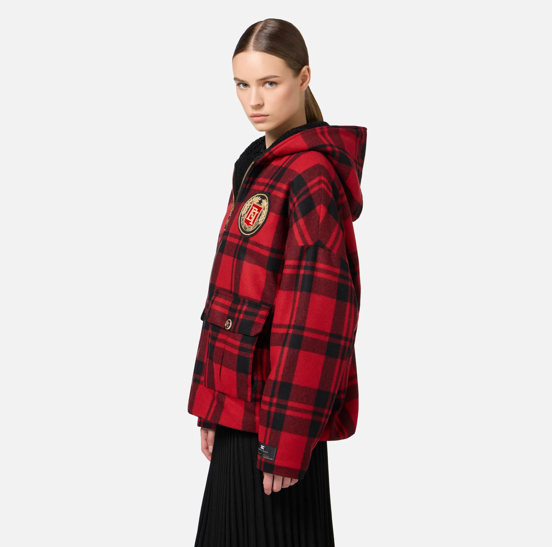 Elisabetta Franchi Coats And Jackets|Wool tartan padded jacket with hood and embroidered patch RedPassion/Black