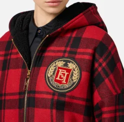 Elisabetta Franchi Coats And Jackets|Wool tartan padded jacket with hood and embroidered patch RedPassion/Black