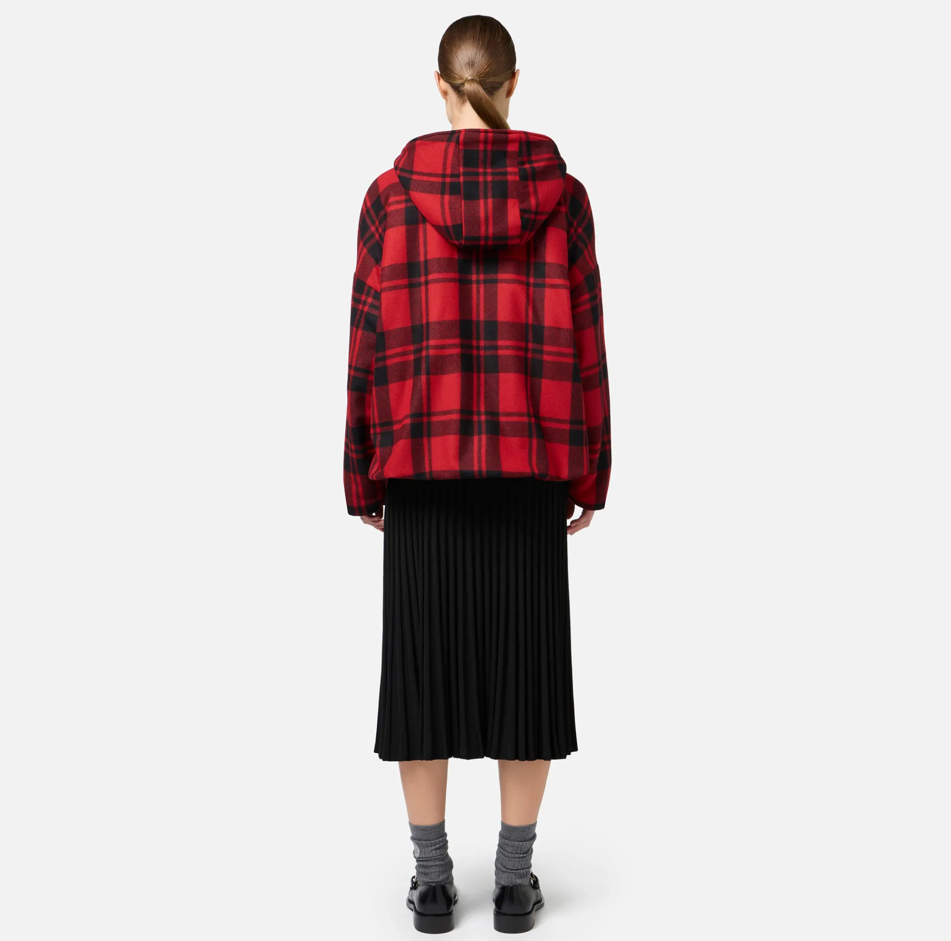 Elisabetta Franchi Coats And Jackets|Wool tartan padded jacket with hood and embroidered patch RedPassion/Black